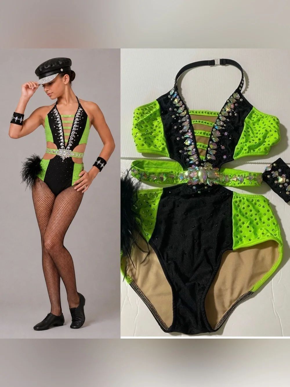 Glamour Solo Dance Costume Neon Green Black jazz Feather Hat Set XLC/Small Adult
